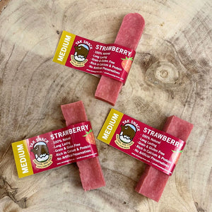 Stawberry Yak Snack dog chews are currently available in medium and large size