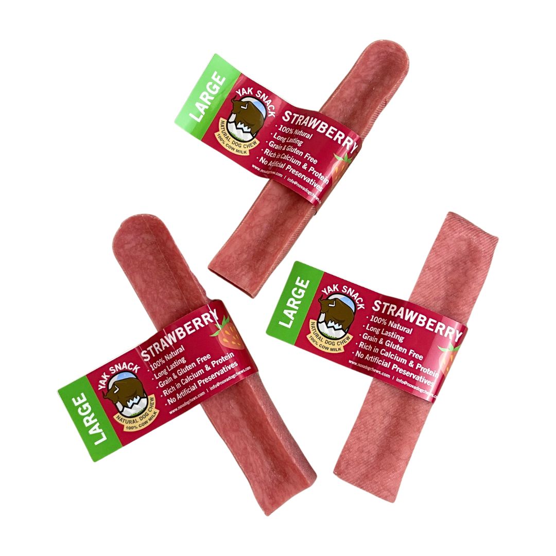 Stawberry Yak Snack dog chews are currently available in medium and large size