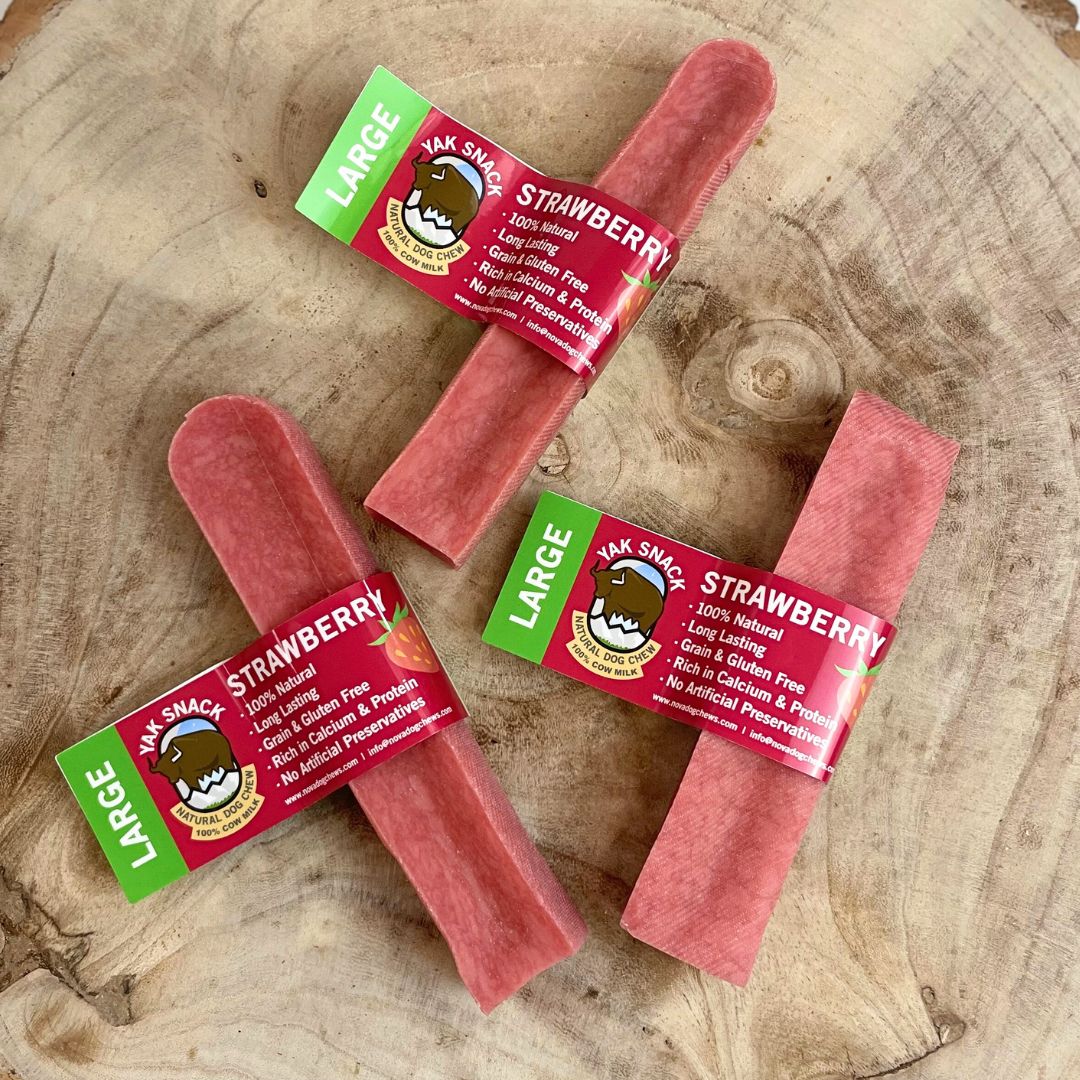 Stawberry Yak Snack dog chews are currently available in medium and large size